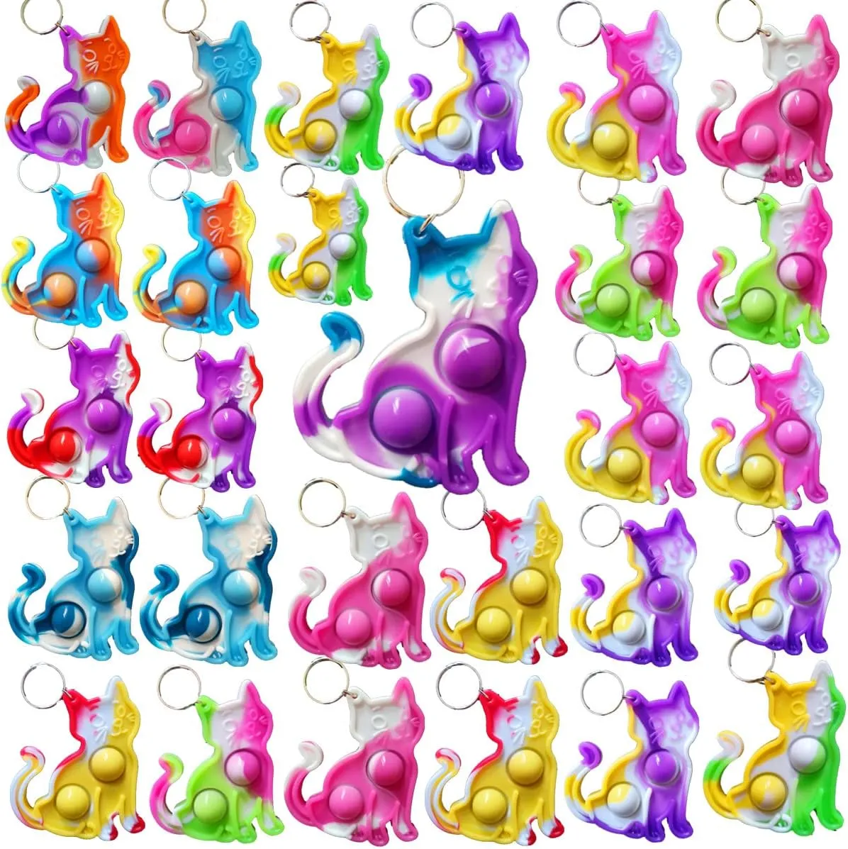 30 Packs Bulk cat Animal Fidget Mini pop Keychain Rainbow Friend Birthday Summer Party Favors Holiday Children Kids Students Prize