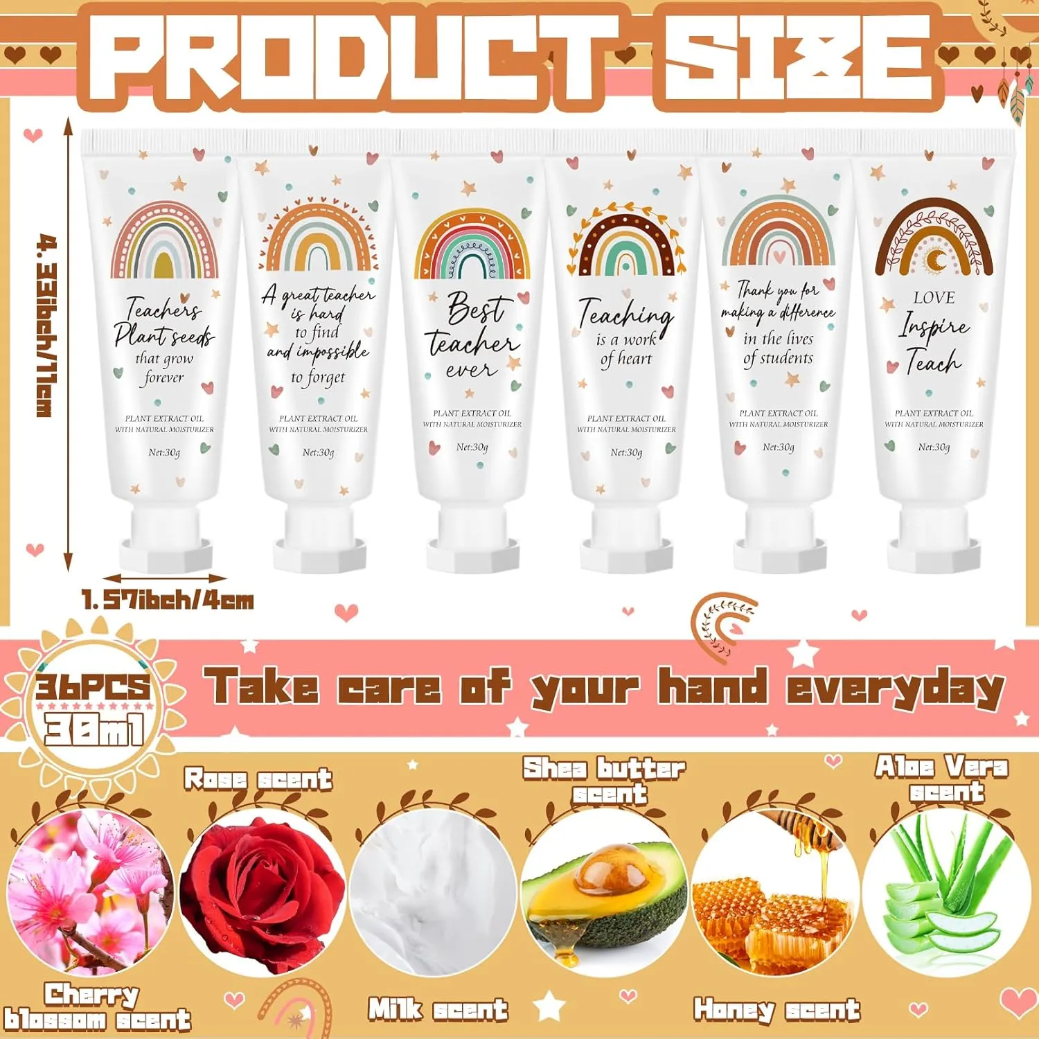 36 Pcs Graduation Teacher Appreciation Hand Cream Gifts Boho Rainbow 2025 End the Year Thank You Teacher Gifts for Women Travel Size Hand Lotion Cream Christmas Moisturizing