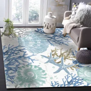 3'x5' Area Rugs Living Room Rug Watercolor Beach Starfish Shell Coral Washable Soft Fluffy Large Rug Ocean Tide Themed Non-Slip Floor Carpet for Bedroom Home Decor