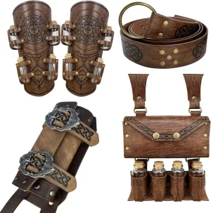 4 PCs Alchemy Belt Pouch Set, Potion Bottle Wrist Guard and Waist Pouch Bag, O-Ring Belt with Sword Holster for LARP