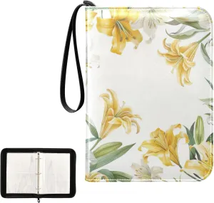 4 Pockets Trading Card Album Holder Book Folder Sports Card Binder White Yellow Lily Flowers 400 Double Side Pockets for 3 Ring Binder Zipper