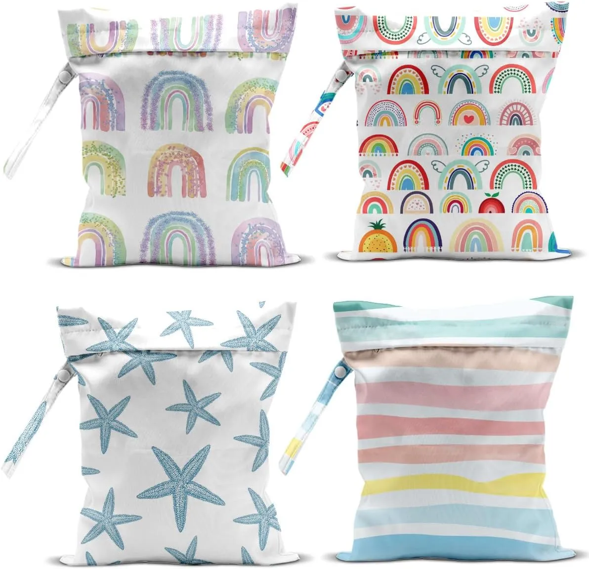 4Pcs Waterproof Wet Bag for Swimsuit, Travel Beach Wet Dry Bag, Hidden Zipper Reusable Rainbow Starfish Decor, for Travel Beach Wet Swimsuits Toiletries Diapers Dirty Gym Clothes Laundry Bag