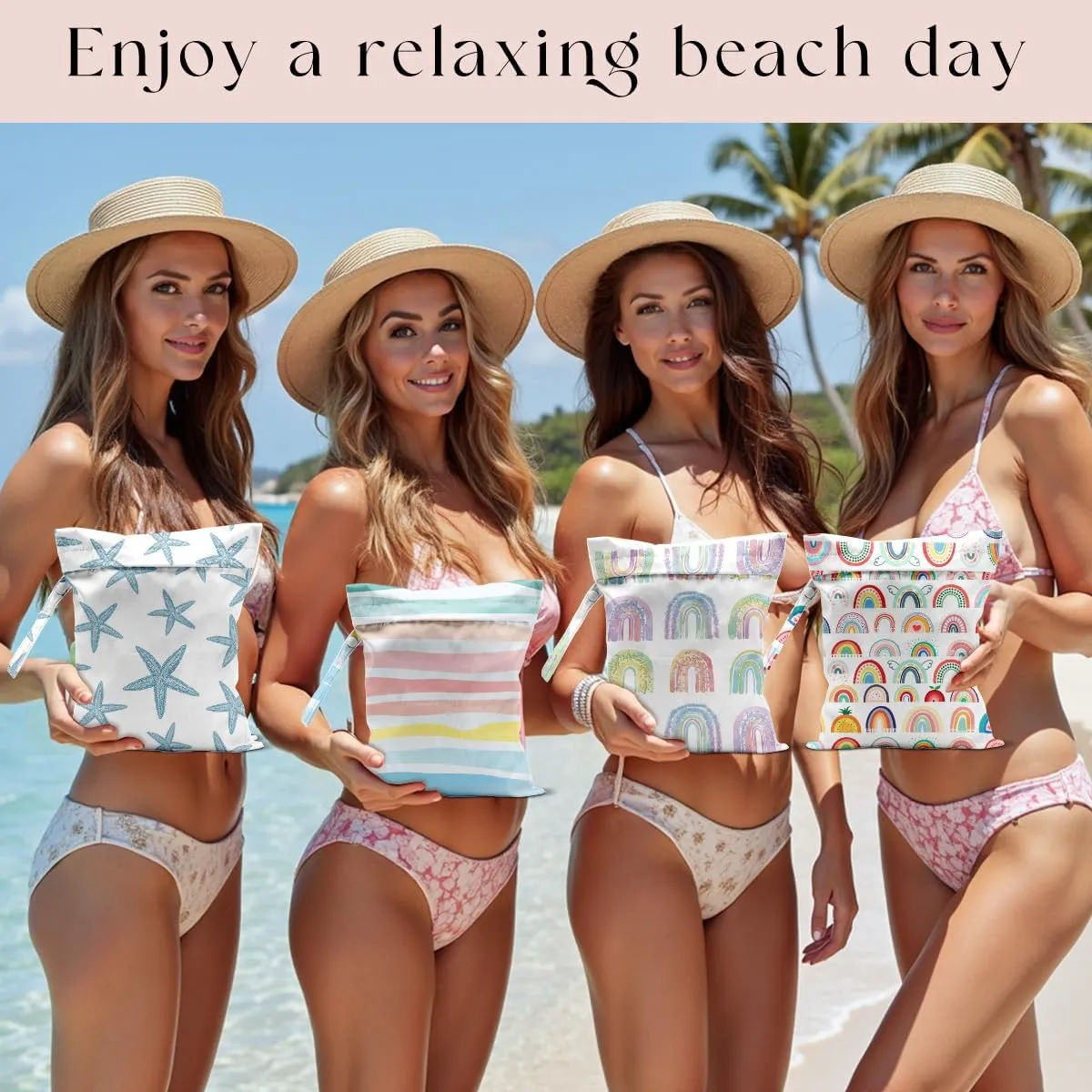 4Pcs Waterproof Wet Bag for Swimsuit, Travel Beach Wet Dry Bag, Hidden Zipper Reusable Rainbow Starfish Decor, for Travel Beach Wet Swimsuits Toiletries Diapers Dirty Gym Clothes Laundry Bag