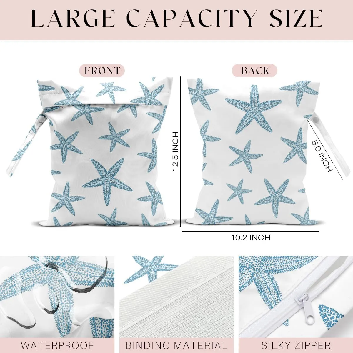 4Pcs Waterproof Wet Bag for Swimsuit, Travel Beach Wet Dry Bag, Hidden Zipper Reusable Rainbow Starfish Decor, for Travel Beach Wet Swimsuits Toiletries Diapers Dirty Gym Clothes Laundry Bag