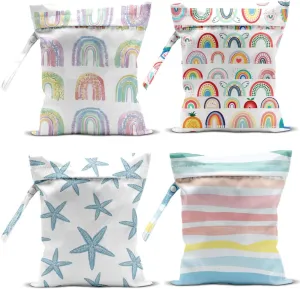 4Pcs Waterproof Wet Bag for Swimsuit, Travel Beach Wet Dry Bag, Hidden Zipper Reusable Rainbow Starfish Decor, for Travel Beach Wet Swimsuits Toiletries Diapers Dirty Gym Clothes Laundry Bag