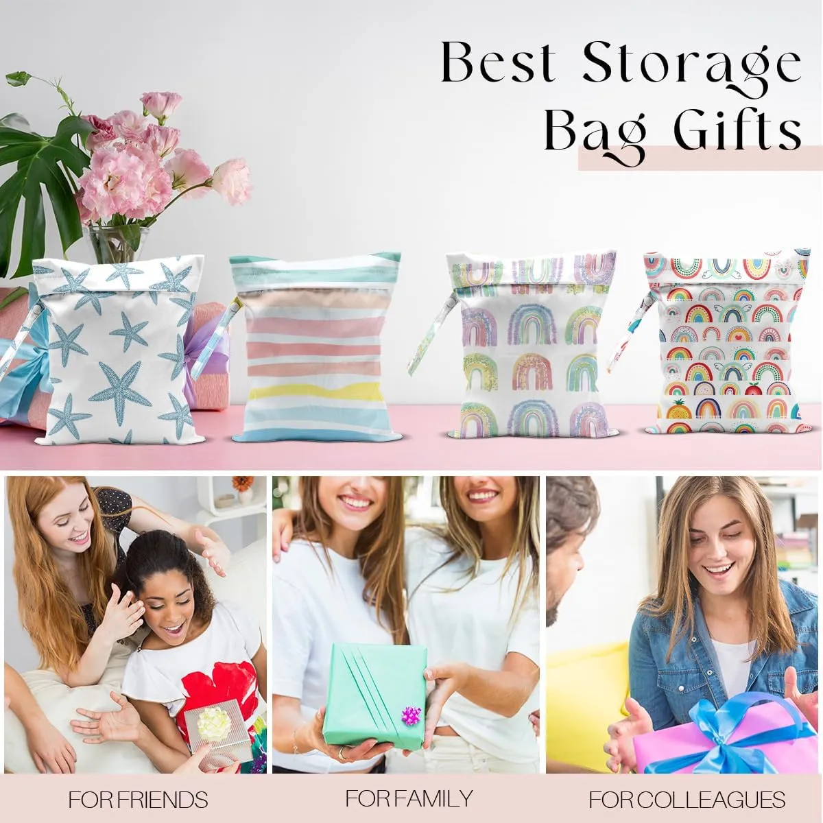 4Pcs Waterproof Wet Bag for Swimsuit, Travel Beach Wet Dry Bag, Hidden Zipper Reusable Rainbow Starfish Decor, for Travel Beach Wet Swimsuits Toiletries Diapers Dirty Gym Clothes Laundry Bag