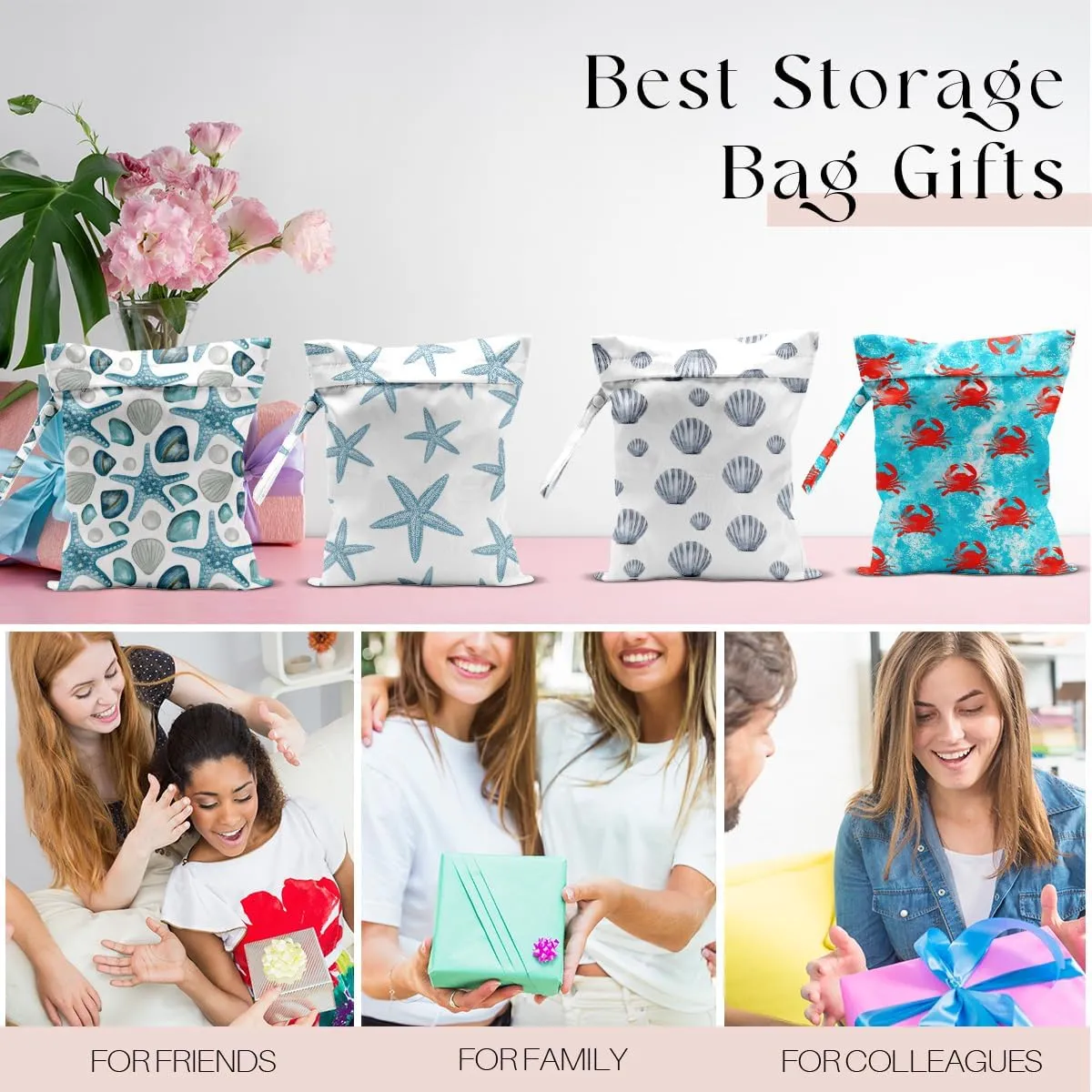 4Pcs Waterproof Wet Bag for Swimsuit, Travel Beach Wet Dry Bag, Hidden Zipper Reusable Shell Starfish Crab Decor, for Travel Beach Wet Swimsuits Toiletries Diapers Laundry Bag