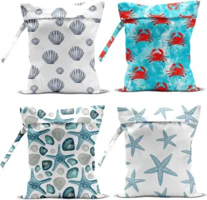4Pcs Waterproof Wet Bag for Swimsuit, Travel Beach Wet Dry Bag, Hidden Zipper Reusable Shell Starfish Crab Decor, for Travel Beach Wet Swimsuits Toiletries Diapers Laundry Bag