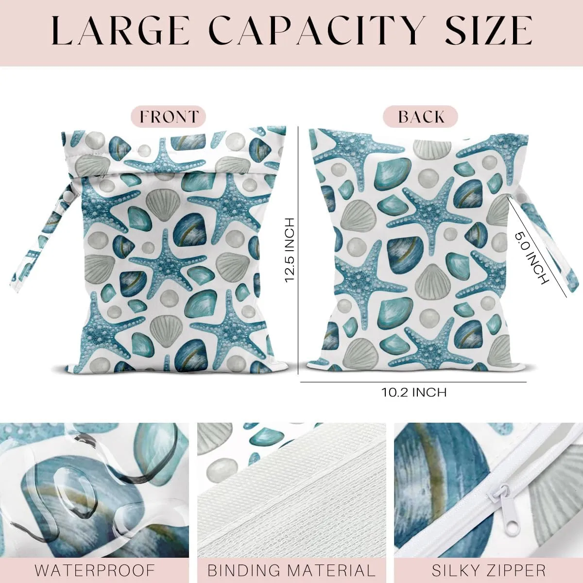4Pcs Waterproof Wet Bag for Swimsuit, Travel Beach Wet Dry Bag, Hidden Zipper Reusable Shell Starfish Crab Decor, for Travel Beach Wet Swimsuits Toiletries Diapers Laundry Bag