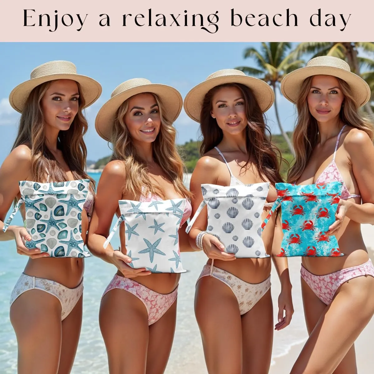 4Pcs Waterproof Wet Bag for Swimsuit, Travel Beach Wet Dry Bag, Hidden Zipper Reusable Shell Starfish Crab Decor, for Travel Beach Wet Swimsuits Toiletries Diapers Laundry Bag