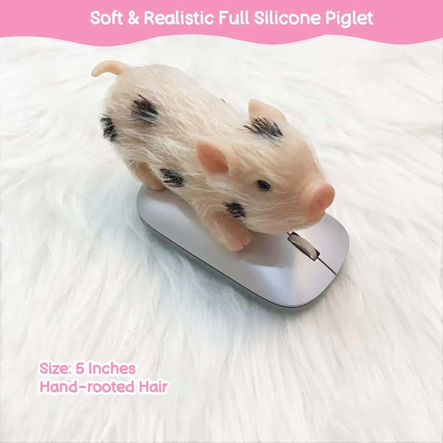 5 Inches Silicone Piglet, Soft Mini Realistic Silicone Animal, Gift Box with Piglet Accessories, Kids Lifelike Reborn Doll（Ella）