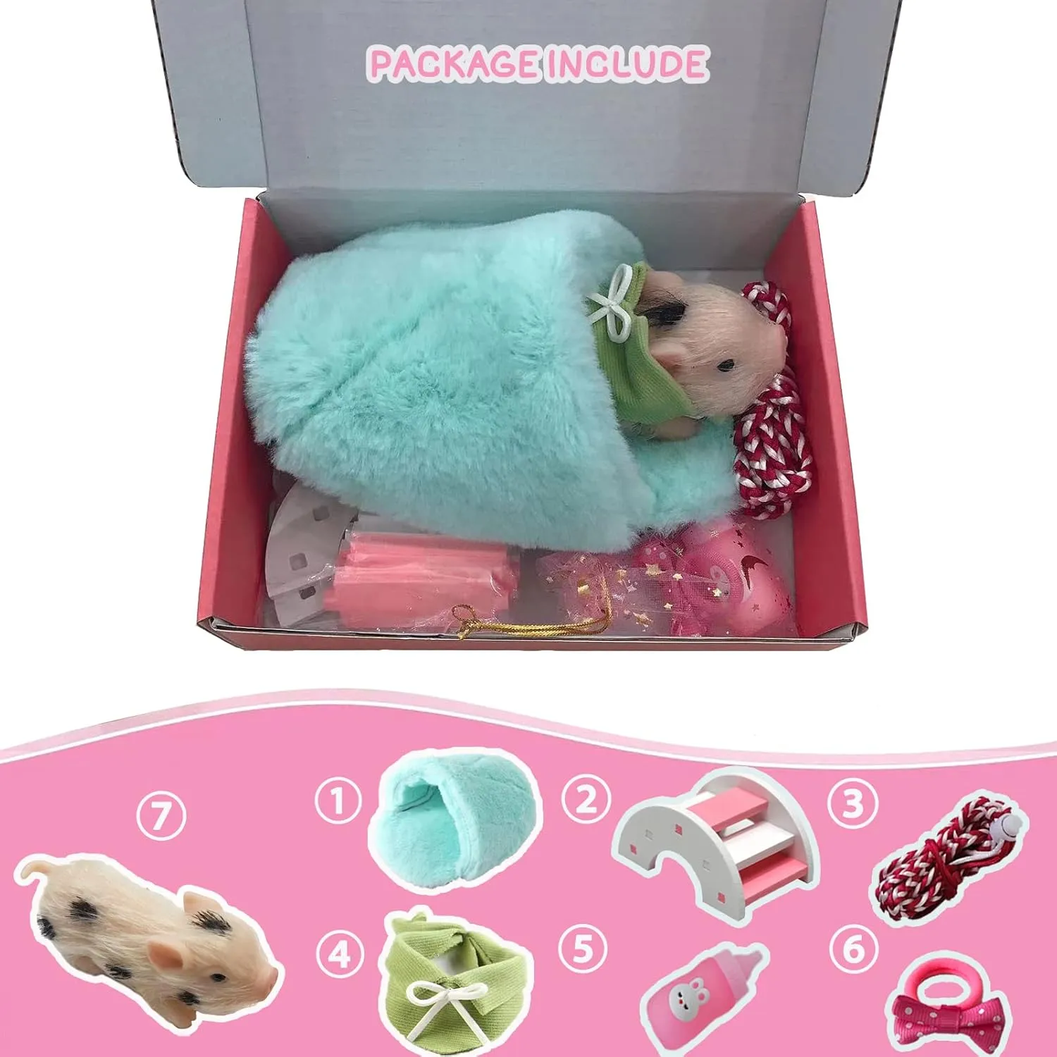 5 Inches Silicone Piglet, Soft Mini Realistic Silicone Animal, Gift Box with Piglet Accessories, Kids Lifelike Reborn Doll（Ella）