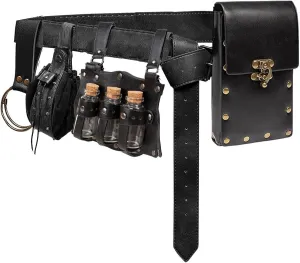 5 PCS Belt Pouch Waist Bag Retro Medieval Viking Leather Belt Magic Potion Bottle Renaissance Halloween Cosplay Costume Sets (C3-Black)