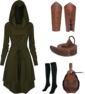 5 Pcs Renaissance Women Costume Medieval Hooded skirt Vintage Arm Guard Printed Belt and Waist bag