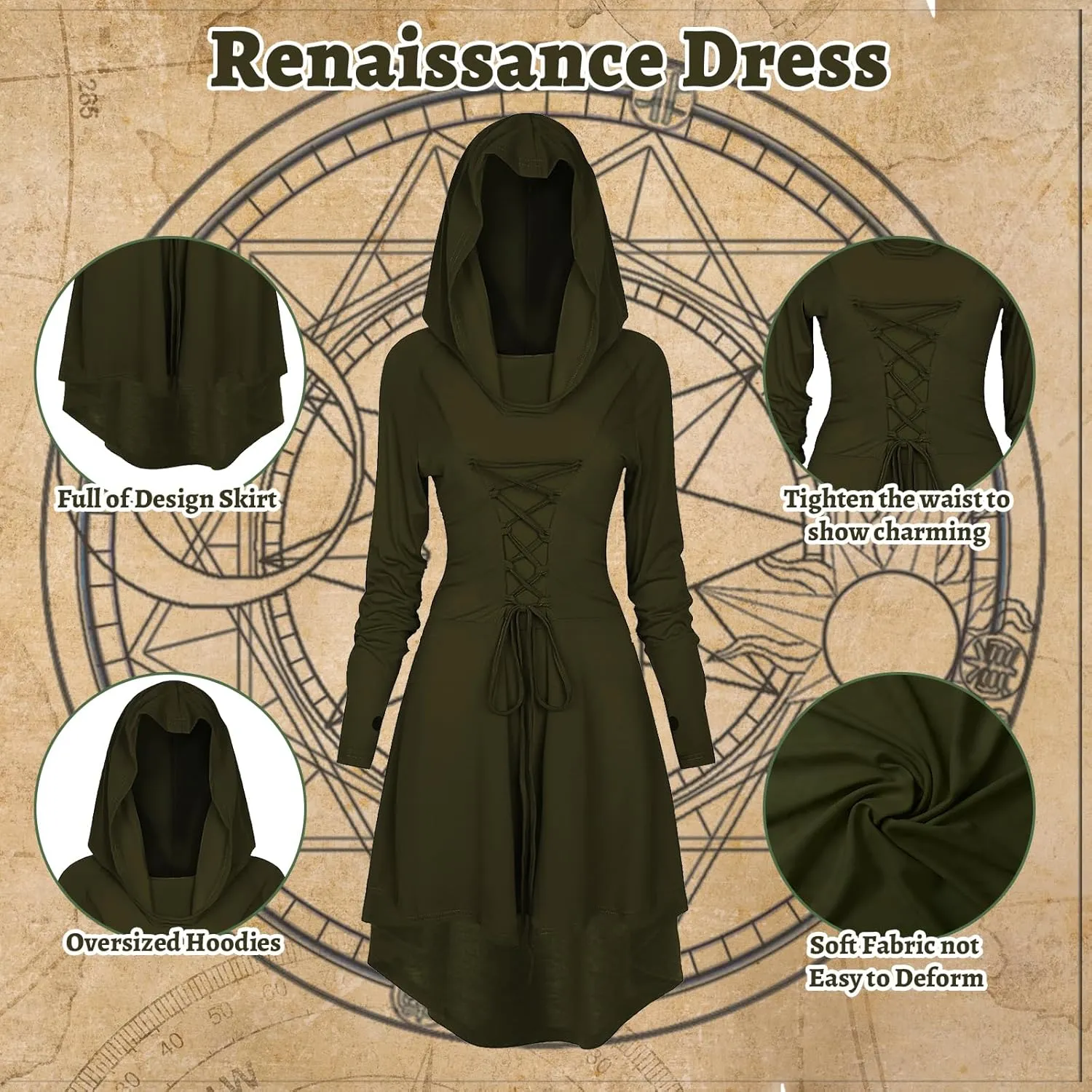 5 Pcs Renaissance Women Costume Medieval Hooded skirt Vintage Arm Guard Printed Belt and Waist bag