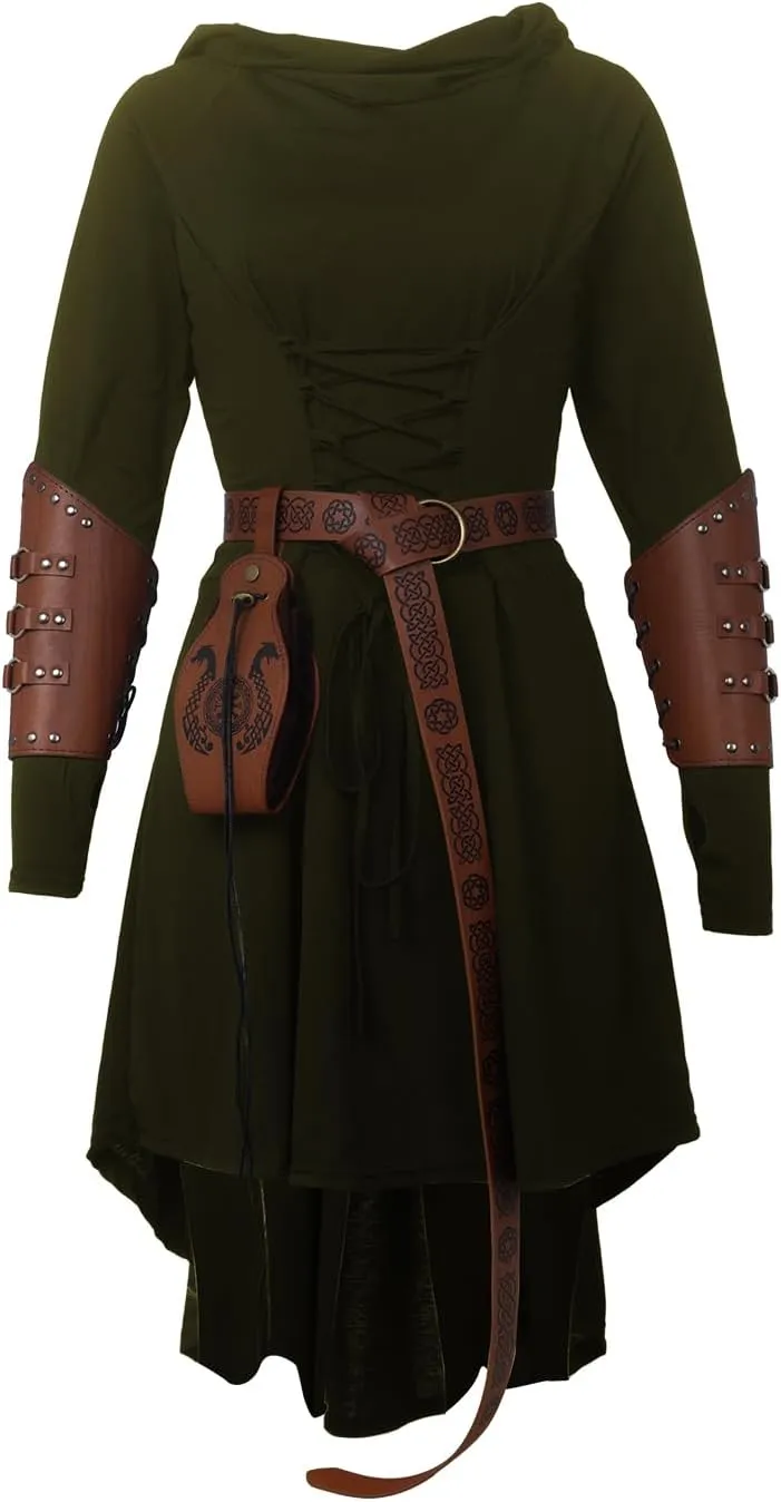 5 Pcs Renaissance Women Costume Medieval Hooded skirt Vintage Arm Guard Printed Belt and Waist bag