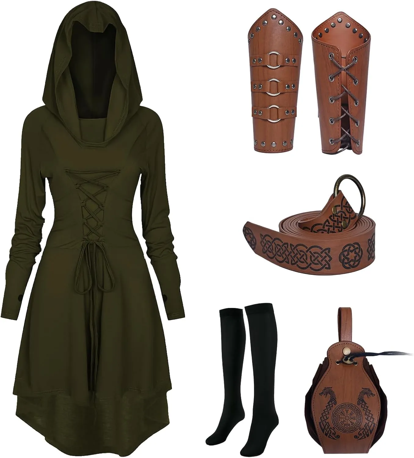 5 Pcs Renaissance Women Costume Medieval Hooded skirt Vintage Arm Guard Printed Belt and Waist bag