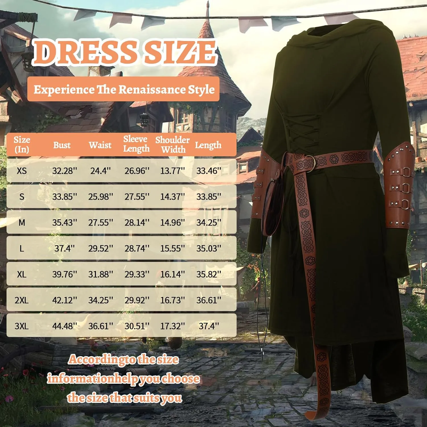 5 Pcs Renaissance Women Costume Medieval Hooded skirt Vintage Arm Guard Printed Belt and Waist bag