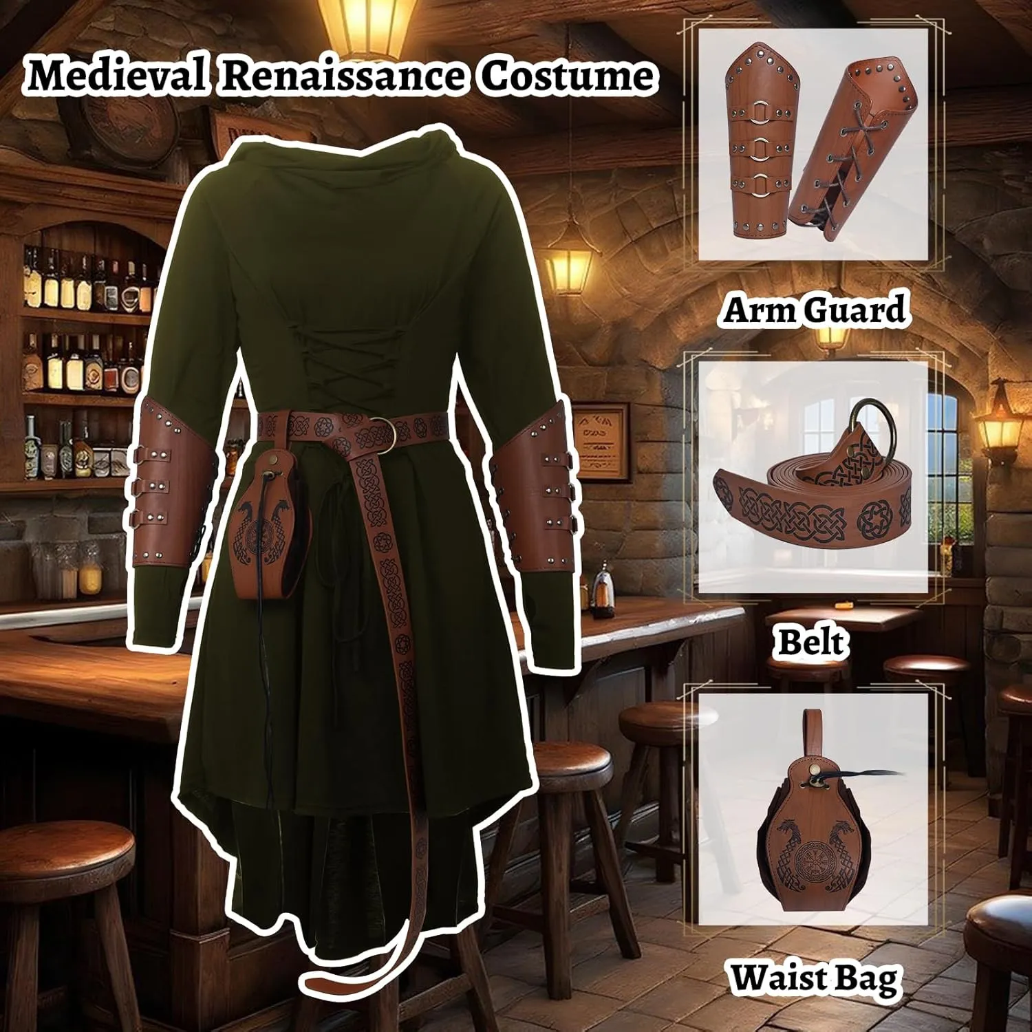 5 Pcs Renaissance Women Costume Medieval Hooded skirt Vintage Arm Guard Printed Belt and Waist bag