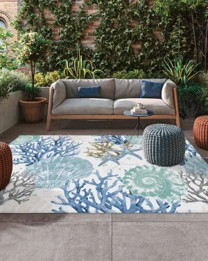 5x8ft Outdoor Rugs for Patio Watercolor Beach Starfish Shell Coral Non Shedding Outside Carpet, Ocean Tide Themed Large Washable Area Rug Pads for Backyard Balcony Indoor Living Room