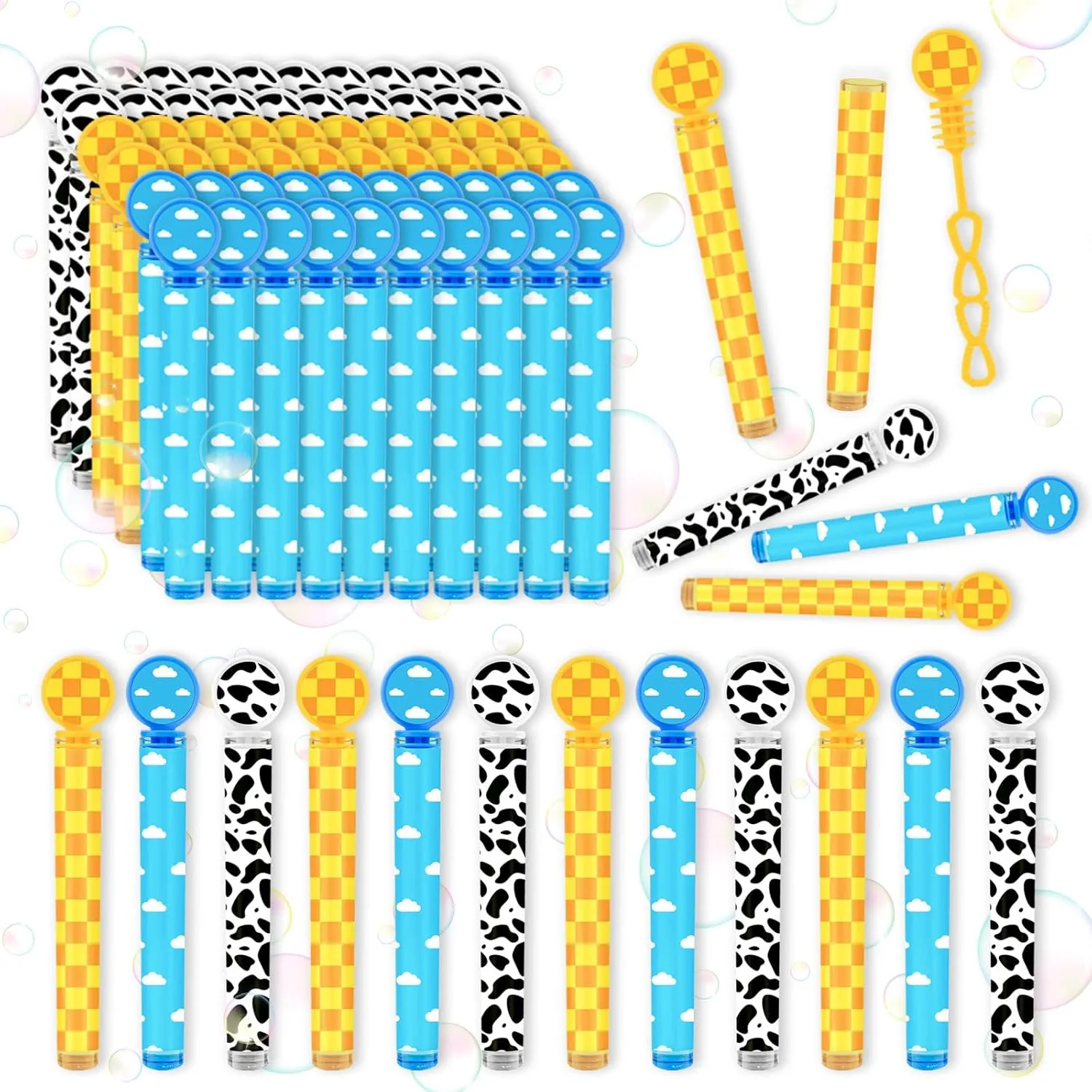 60 Pcs Cartoon Story Bubble Wands, Blue Sky and White Cloud Cow Mini Bubble Wand, Cartoon Birthday Party Decorations with DIY Stickers for Kids Boy Girl Baby Shower Supplies