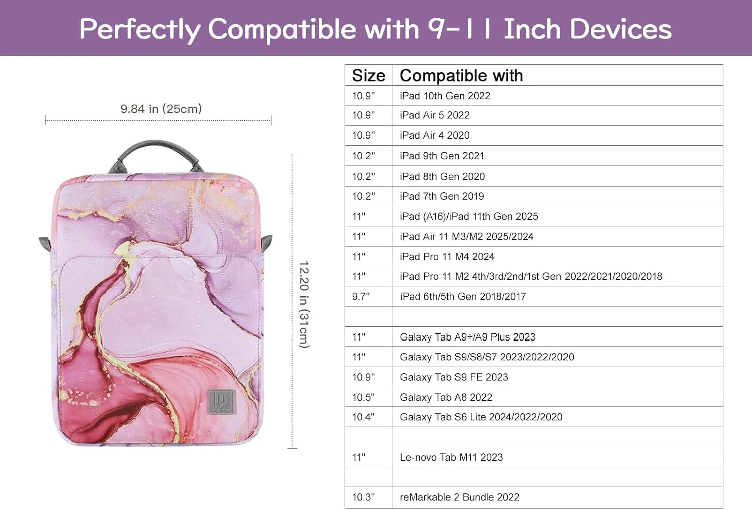 9-11 Inch Tablet Sleeve Bag Carrying Case with Shoulder Strap for iPad 10th Gen 10.9", iPad (A16) 11", iPad 9/8/7th 10.2", iPad Air/Pro 11", iPad Air 5/4, Galaxy Tab A9  Plus 11", Cloudy Pink