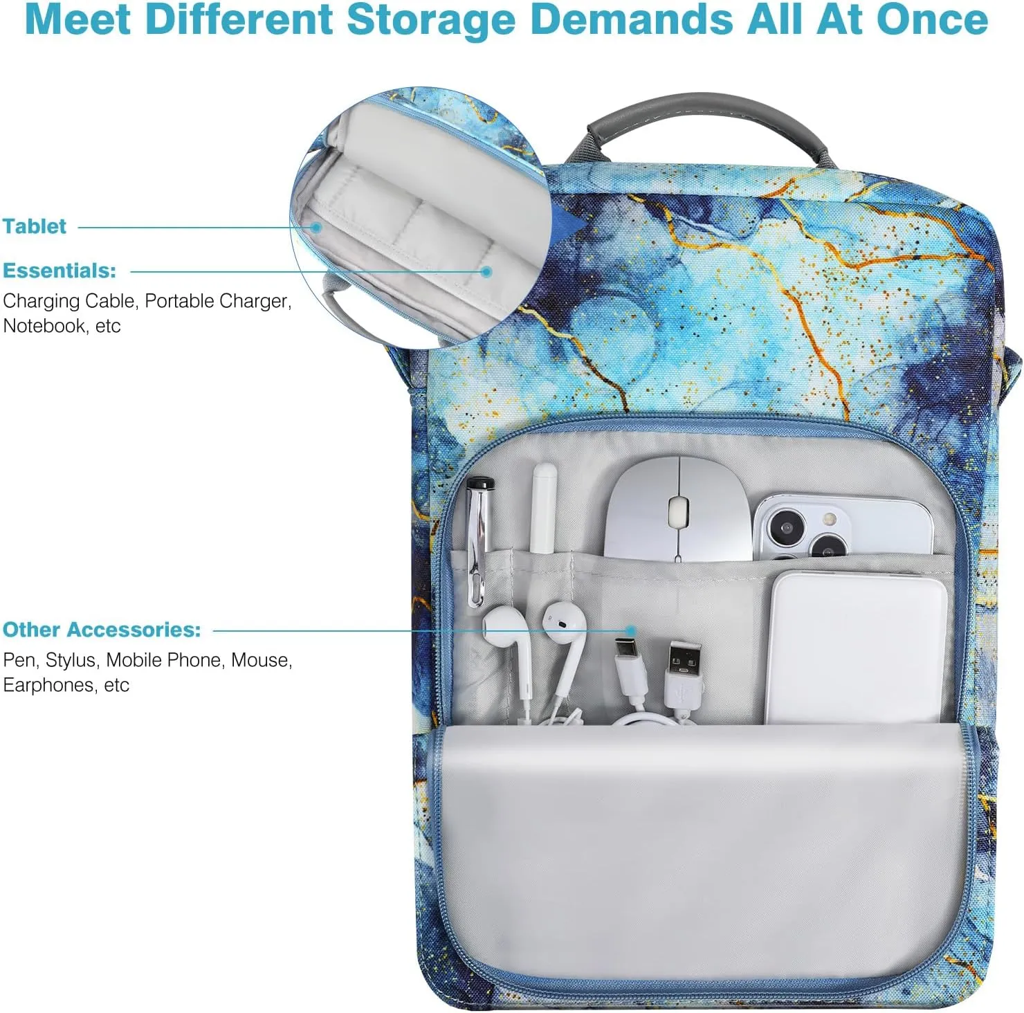 9-11 Inch Tablet Sleeve Bag Carrying Case with Shoulder Strap for iPad 10th Gen 10.9", iPad (A16) 11", iPad 9/8/7th 10.2", iPad Air/Pro 11", iPad Air 5/4, Galaxy Tab A9  Plus 11", Marble Blue