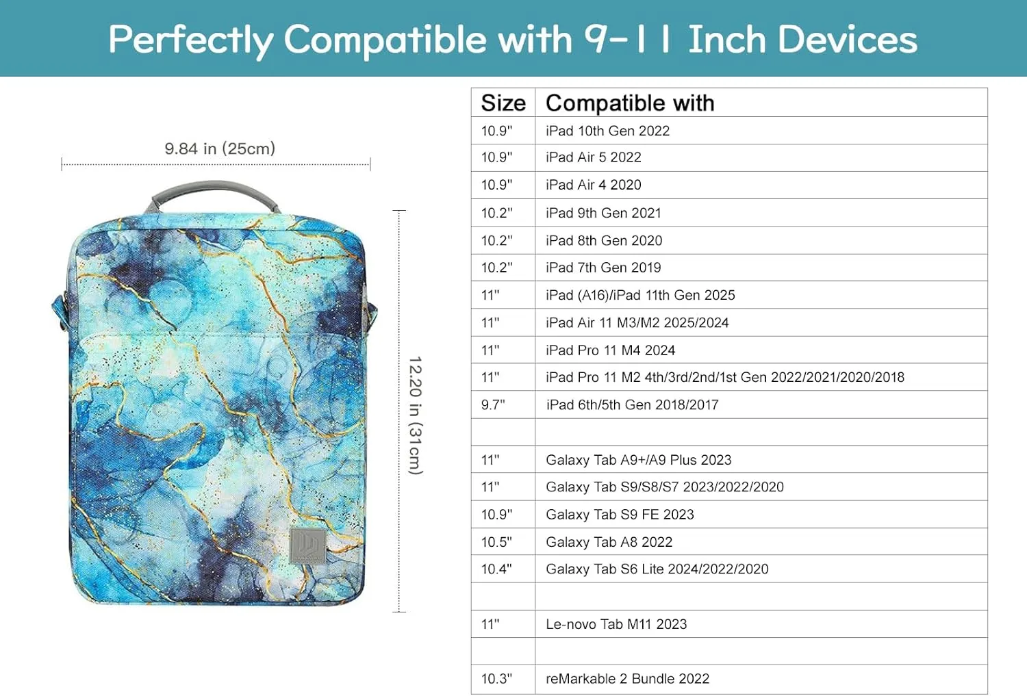 9-11 Inch Tablet Sleeve Bag Carrying Case with Shoulder Strap for iPad 10th Gen 10.9", iPad (A16) 11", iPad 9/8/7th 10.2", iPad Air/Pro 11", iPad Air 5/4, Galaxy Tab A9  Plus 11", Marble Blue