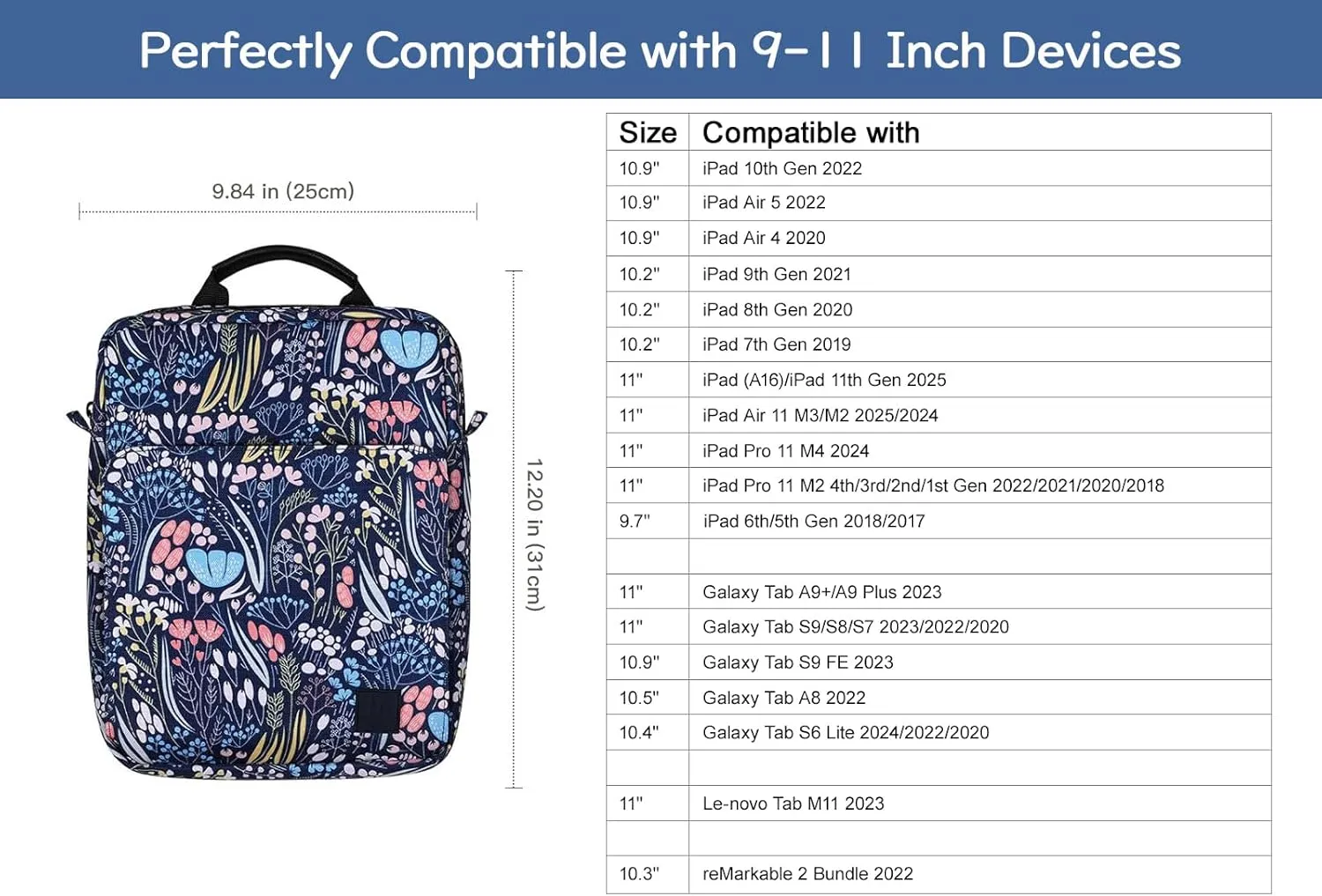 9-11 Inch Tablet Sleeve Bag Carrying Case with Shoulder Strap for iPad 10th Gen 10.9", iPad (A16) 11", iPad 9/8/7th 10.2", iPad Air/Pro 11", iPad Air 5/4, Galaxy Tab A9  Plus 11", Night Blue