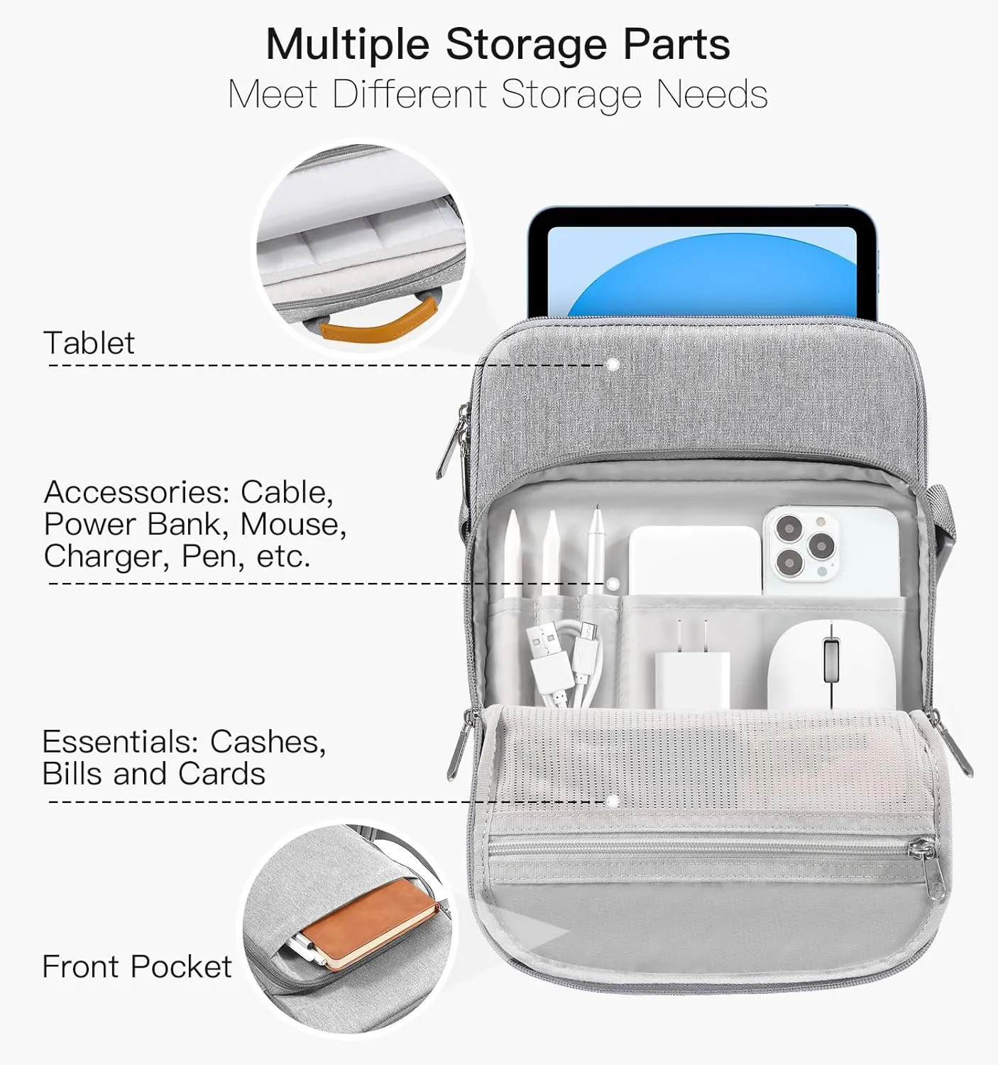 9-11 Inch Tablet Sleeve Bag with Shoulder Strap for iPad 10th Gen 10.9", iPad 9/8/7th Gen 10.2", iPad Air 11", iPad Pro 11" M4 M2, iPad Air5/4 10.9", Galaxy Tab A9  Plus 11"/S9 FE, Gray