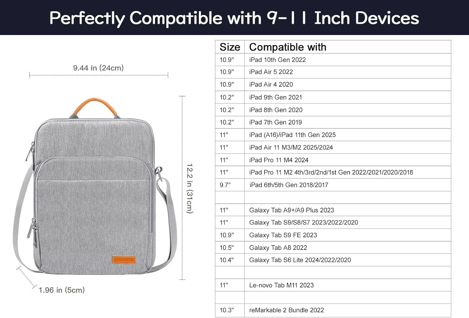 9-11 Inch Tablet Sleeve Bag with Shoulder Strap for iPad 10th Gen 10.9", iPad 9/8/7th Gen 10.2", iPad Air 11", iPad Pro 11" M4 M2, iPad Air5/4 10.9", Galaxy Tab A9  Plus 11"/S9 FE, Gray