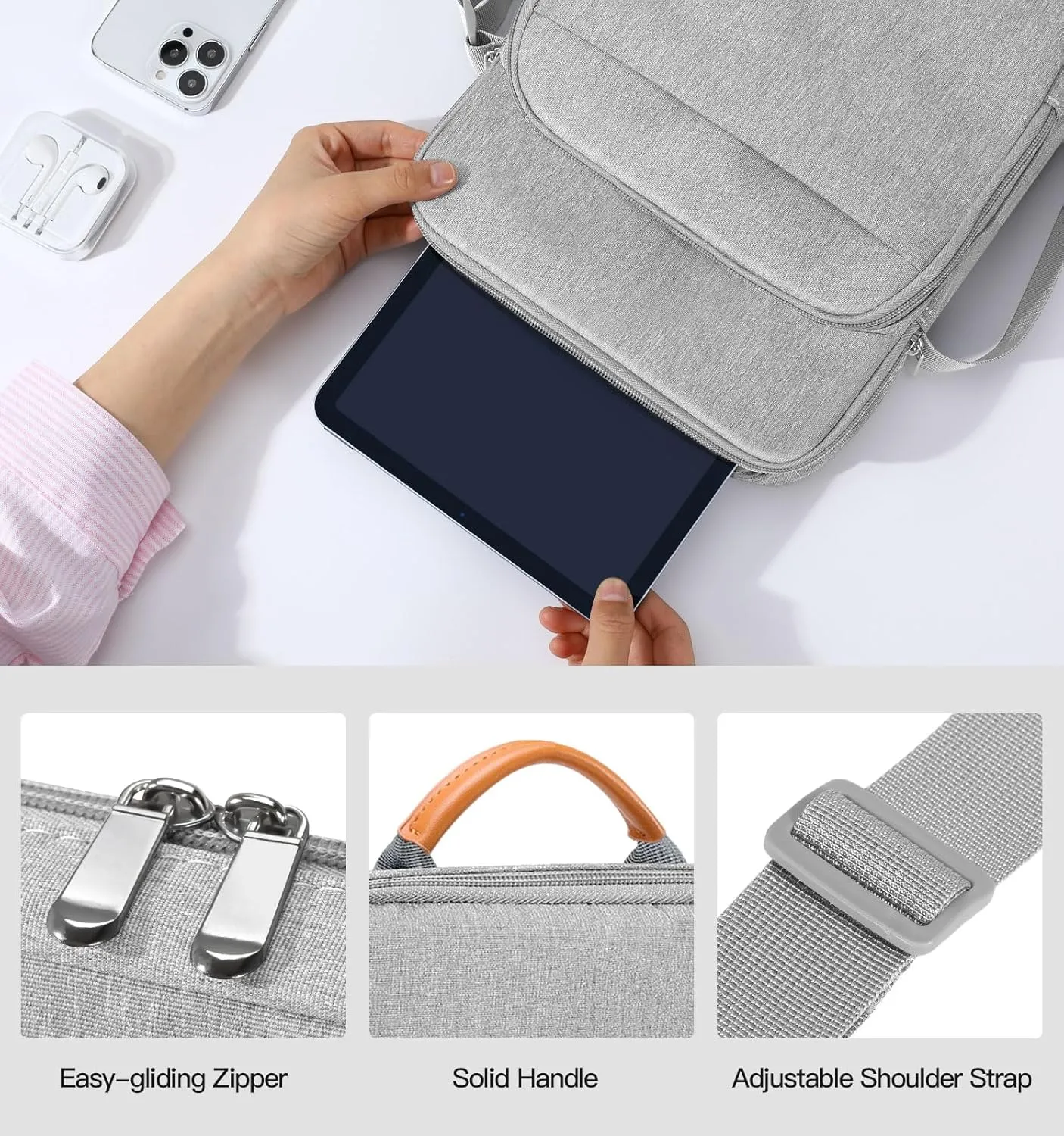 9-11 Inch Tablet Sleeve Bag with Shoulder Strap for iPad 10th Gen 10.9", iPad 9/8/7th Gen 10.2", iPad Air 11", iPad Pro 11" M4 M2, iPad Air5/4 10.9", Galaxy Tab A9  Plus 11"/S9 FE, Gray