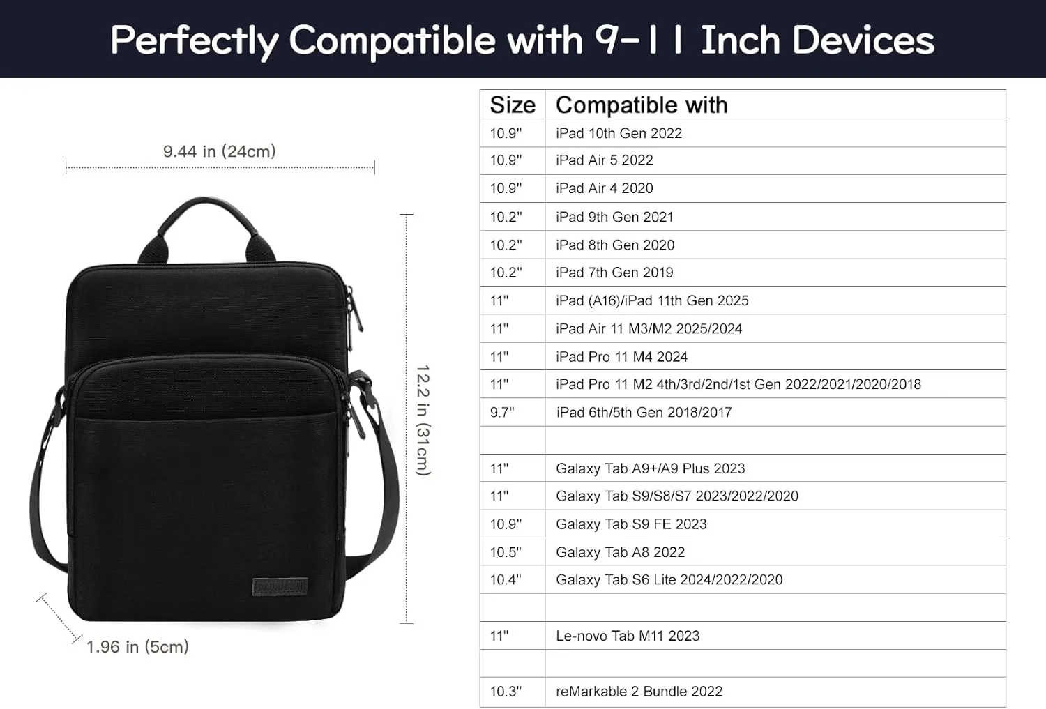 9-11 Inch Tablet Sleeve Bag with Shoulder Strap for iPad 10th Gen 10.9", iPad (A16) 11", iPad 9/8/7th Gen 10.2", iPad Air 11", iPad Pro 11", iPad Air5/4 10.9", Galaxy Tab A9  Plus 11",Black