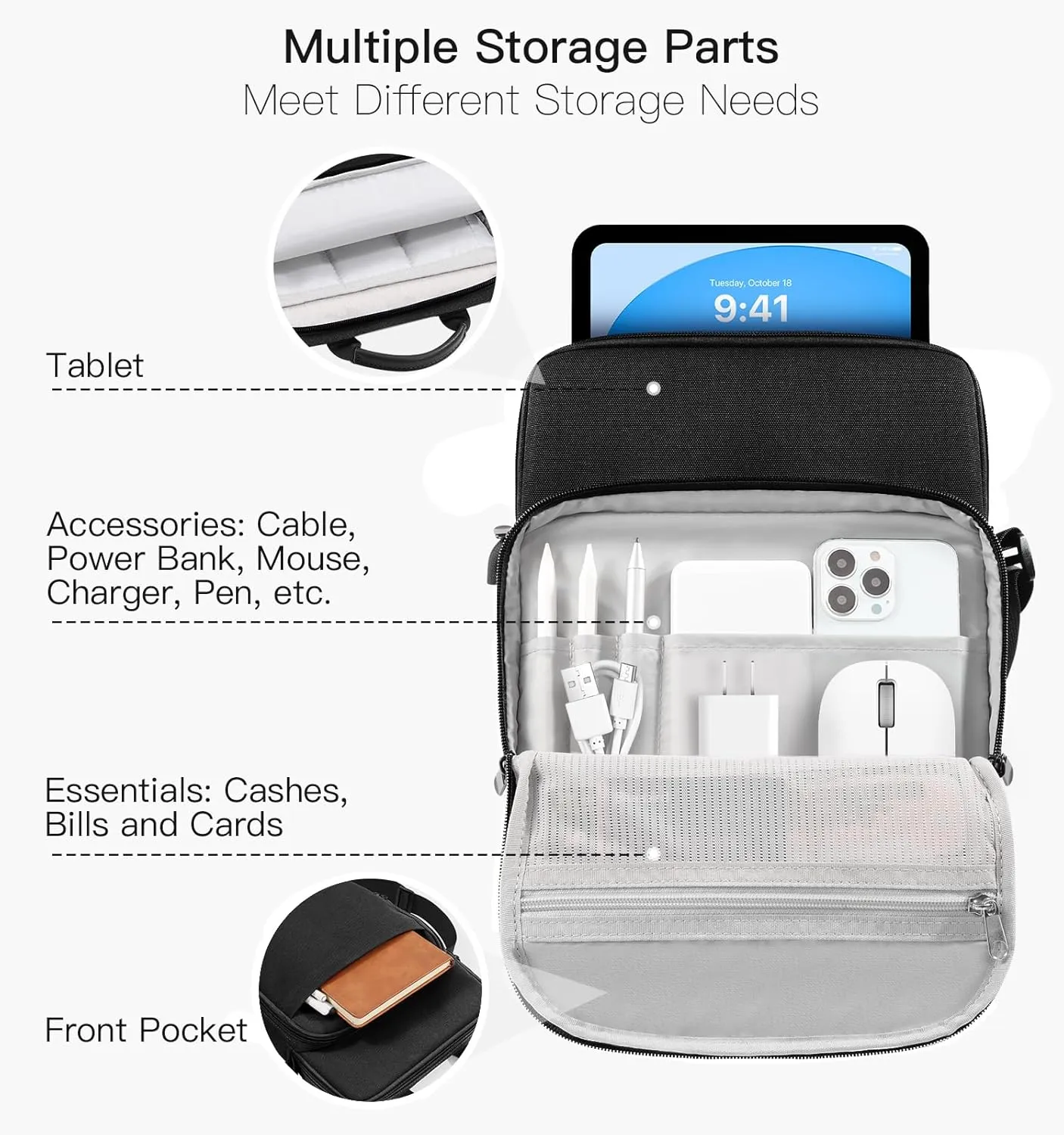 9-11 Inch Tablet Sleeve Bag with Shoulder Strap for iPad 10th Gen 10.9", iPad (A16) 11", iPad 9/8/7th Gen 10.2", iPad Air 11", iPad Pro 11", iPad Air5/4 10.9", Galaxy Tab A9  Plus 11",Black