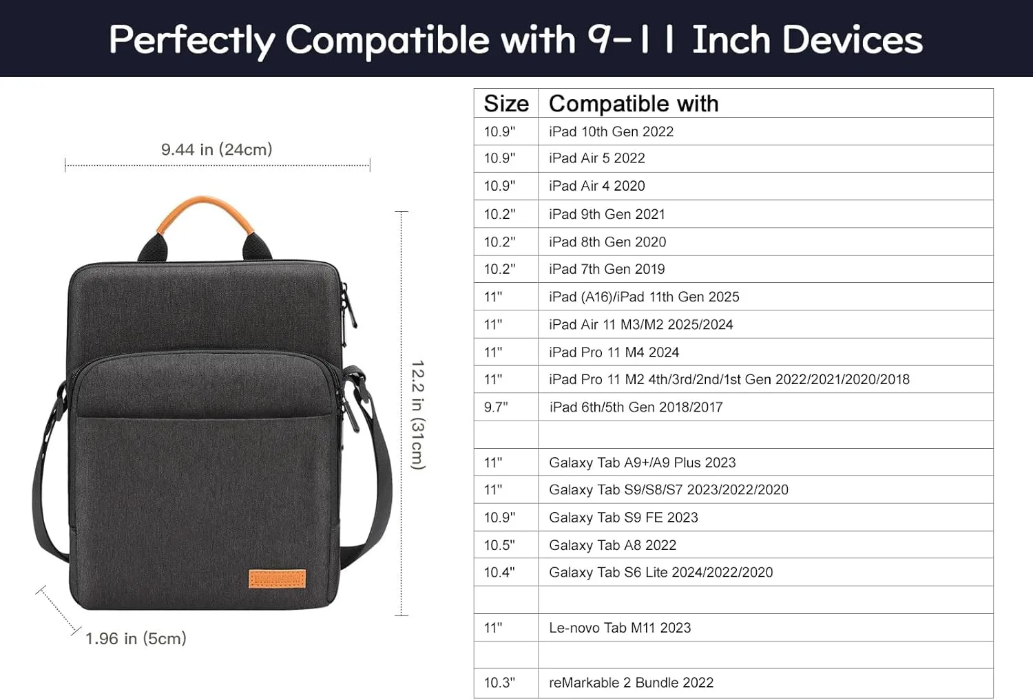9-11 Inch Tablet Sleeve Bag with Shoulder Strap for iPad 10th Gen 10.9", iPad (A16) 11",iPad 9/8/7th Gen 10.2",iPad Air 11",iPad Pro 11",iPad Air5/4 10.9",Galaxy Tab A9  Plus 11",Black & Gray
