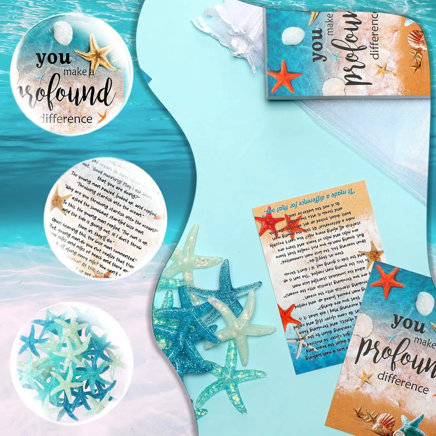90 Pcs Starfish Story Gifts Mini Keepsake Appreciation Notecards Set Starfish Story Wallet Sized Cards Employee Gifts Drawstring Bags and Charms for Teacher Women Men(Stylish Style)