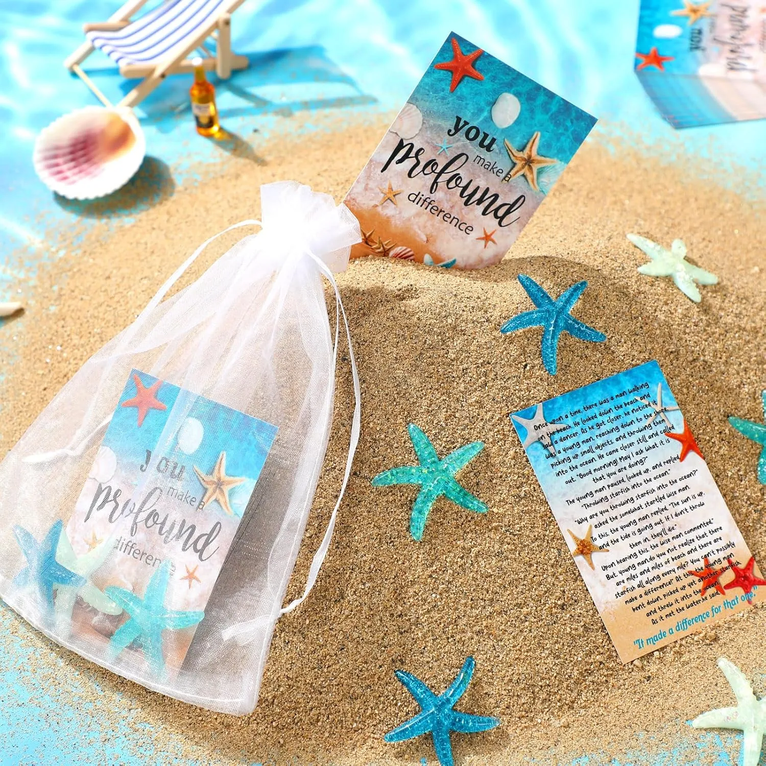 90 Pcs Starfish Story Gifts Mini Keepsake Appreciation Notecards Set Starfish Story Wallet Sized Cards Employee Gifts Drawstring Bags and Charms for Teacher Women Men(Stylish Style)