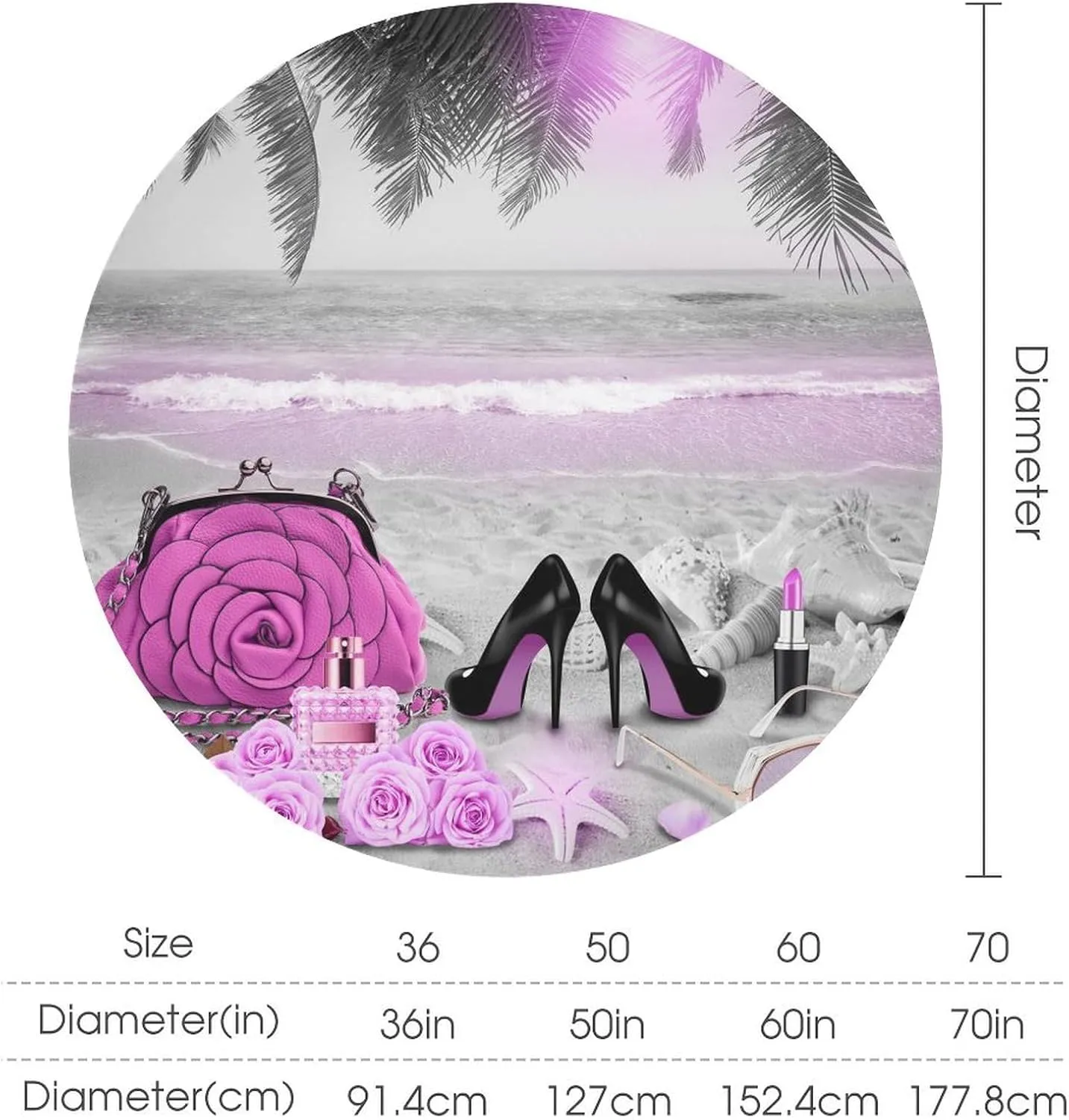 Abstract Tropical Summer Beach Tablecloths Round 60Inch Table Cloth,Abstract Makeup Theme High Heels Palm Trees Starfish Tablecloths Washable for Indoor Outdoor Table Cover