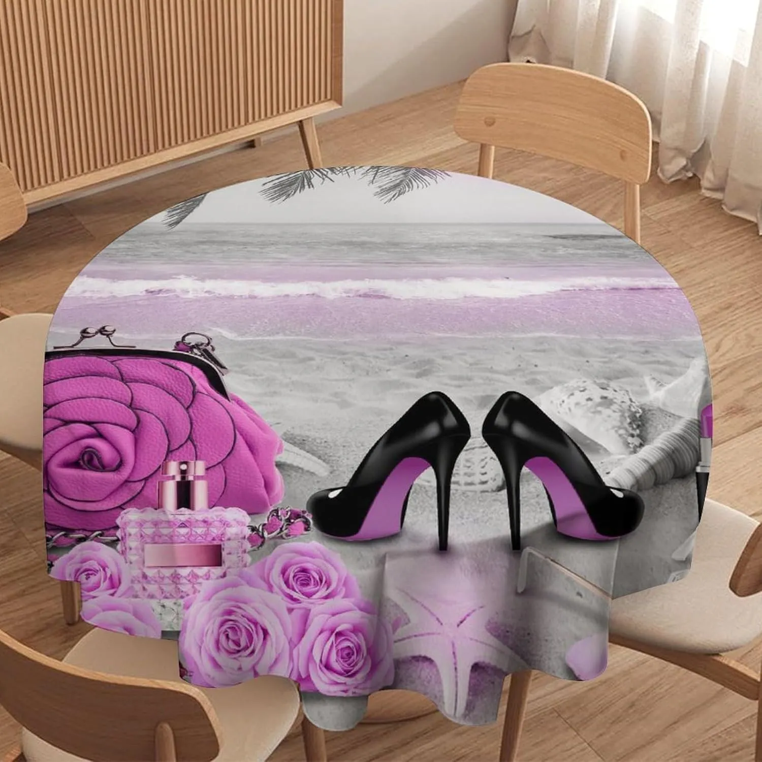 Abstract Tropical Summer Beach Tablecloths Round 60Inch Table Cloth,Abstract Makeup Theme High Heels Palm Trees Starfish Tablecloths Washable for Indoor Outdoor Table Cover