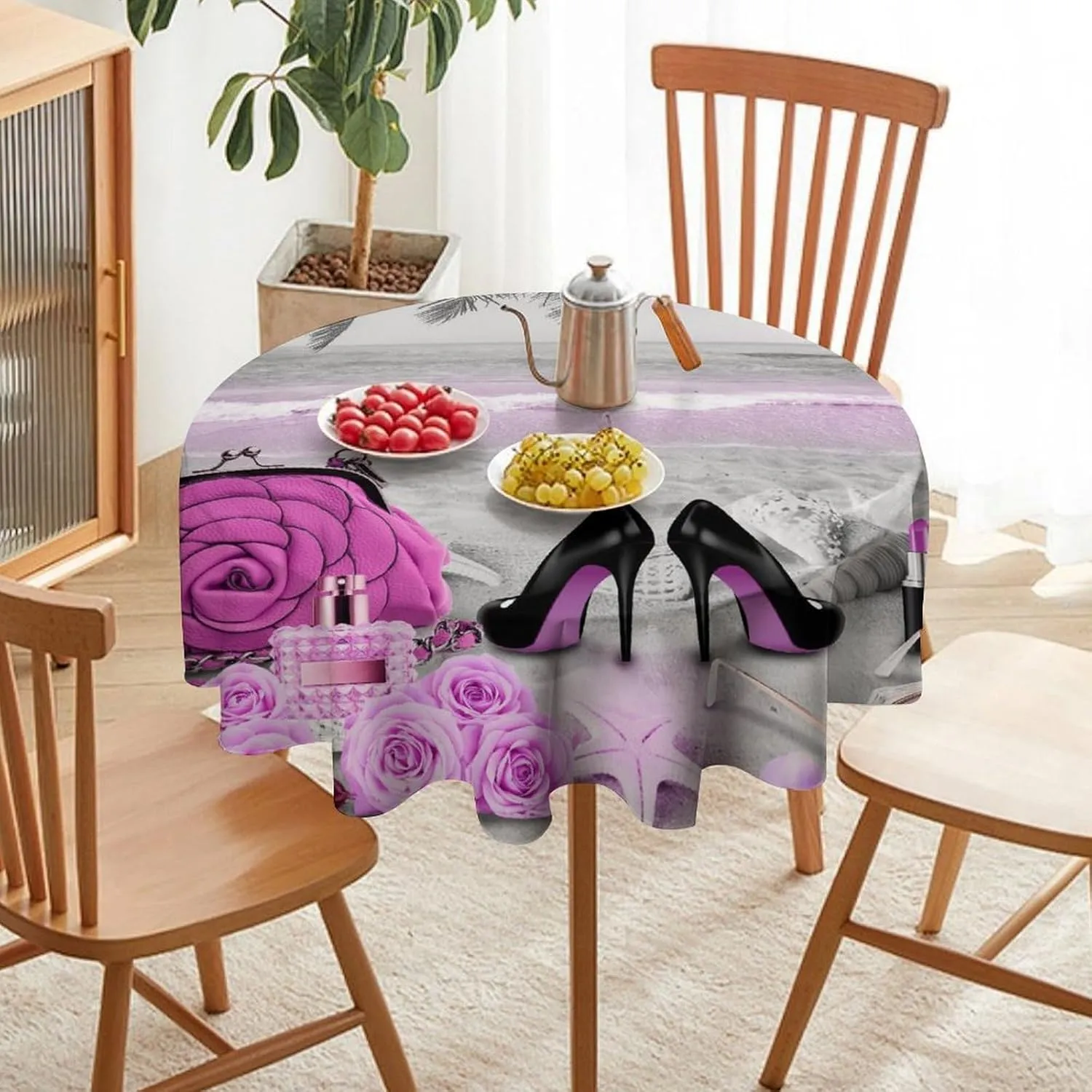 Abstract Tropical Summer Beach Tablecloths Round 60Inch Table Cloth,Abstract Makeup Theme High Heels Palm Trees Starfish Tablecloths Washable for Indoor Outdoor Table Cover