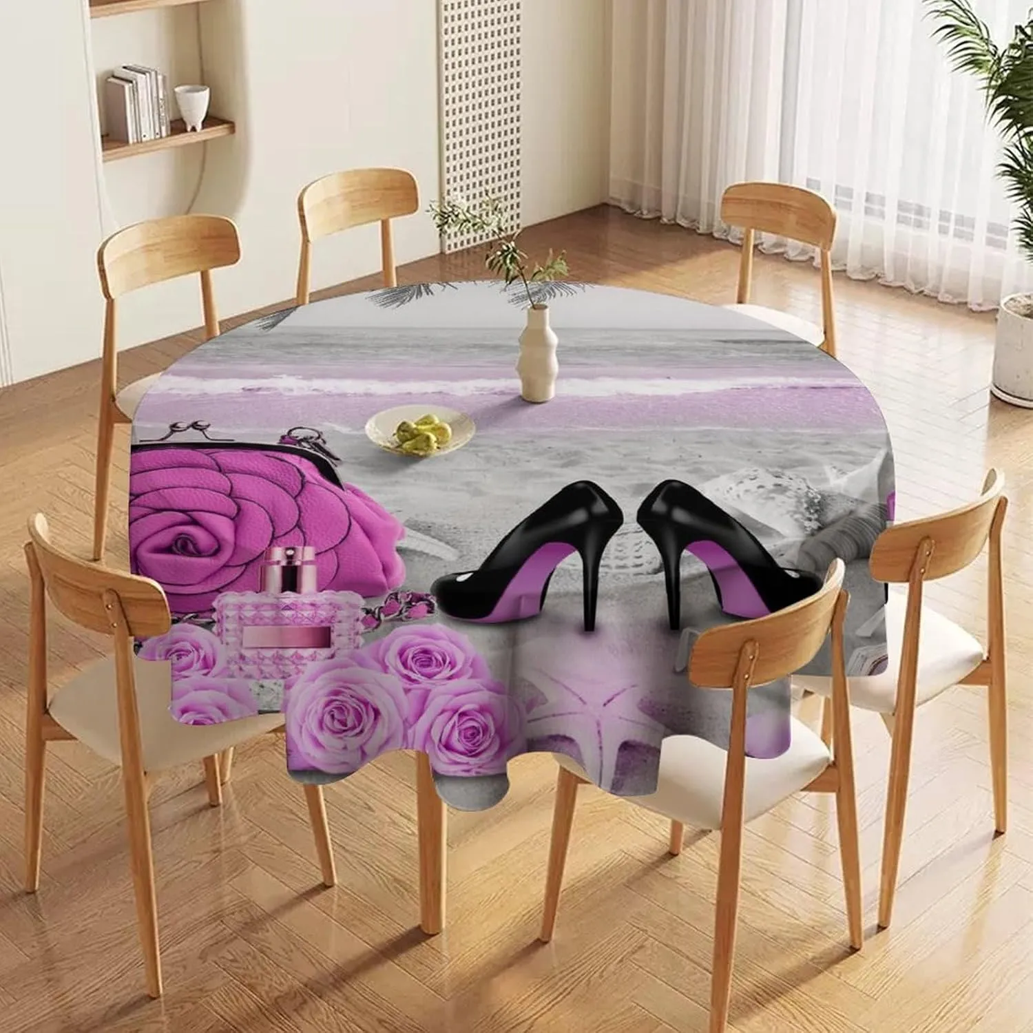 Abstract Tropical Summer Beach Tablecloths Round 60Inch Table Cloth,Abstract Makeup Theme High Heels Palm Trees Starfish Tablecloths Washable for Indoor Outdoor Table Cover