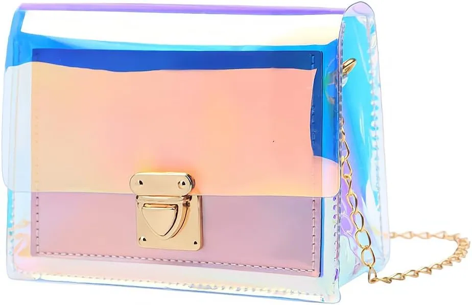 Acxico 1Pcs Pink Transparent Handbag Colorful Chain Bag Rainbow Laser Purses Clear Jelly Mini Bag