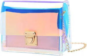 Acxico 1Pcs Pink Transparent Handbag Colorful Chain Bag Rainbow Laser Purses Clear Jelly Mini Bag