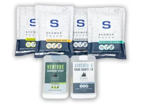 Adventure Sampler Kit: 4 Shower Pouches, 1 Hand Sanitizer (80%), and 1 Deodorant