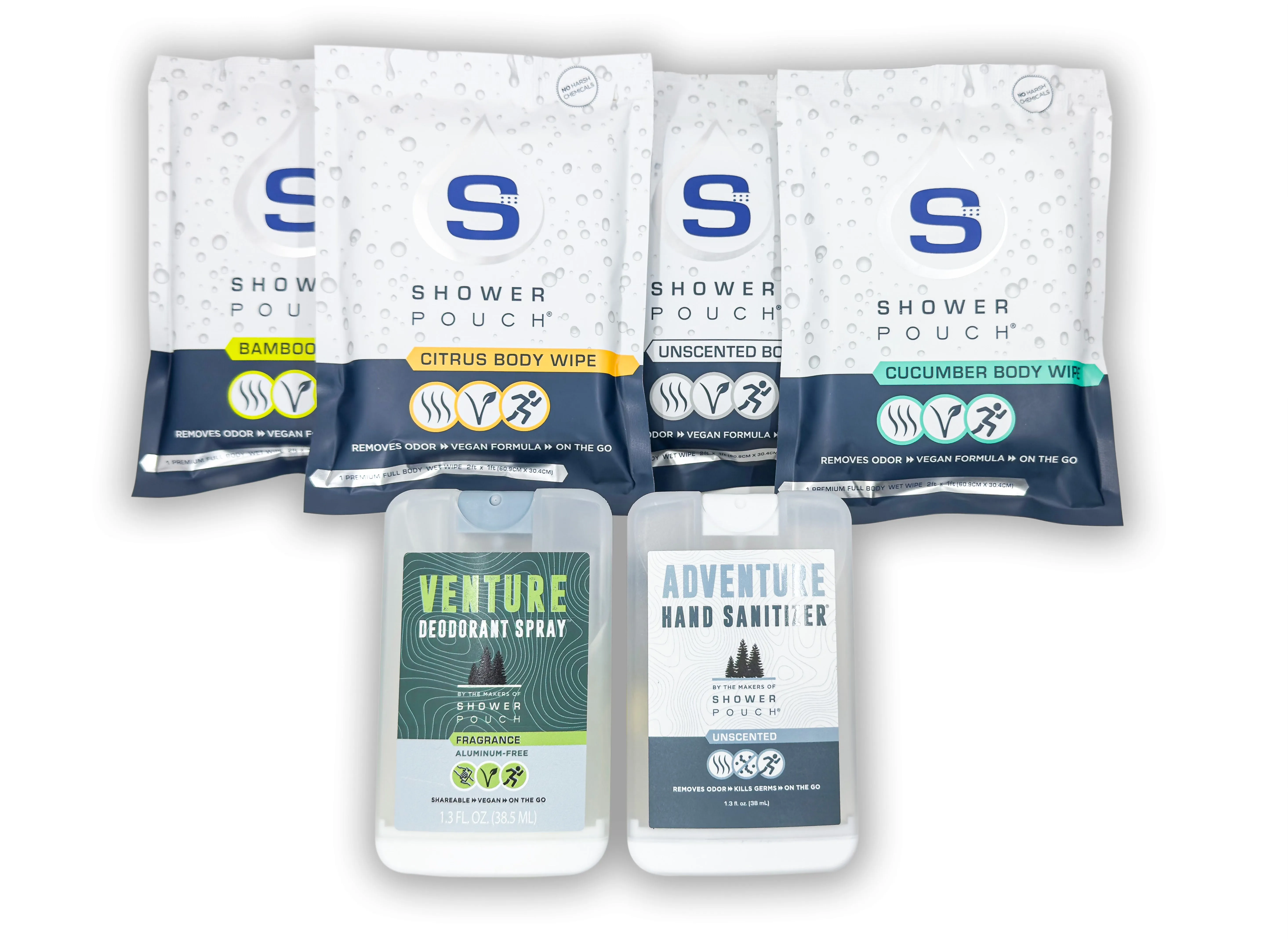 Adventure Sampler Kit: 4 Shower Pouches, 1 Hand Sanitizer (80%), and 1 Deodorant