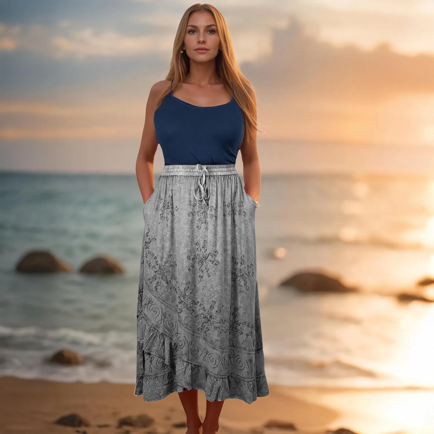 Agan Traders Women's 2025 Summer Western Boho Vintage Drawstring Embroidered Flared Ruffle High Waist Long Skirt