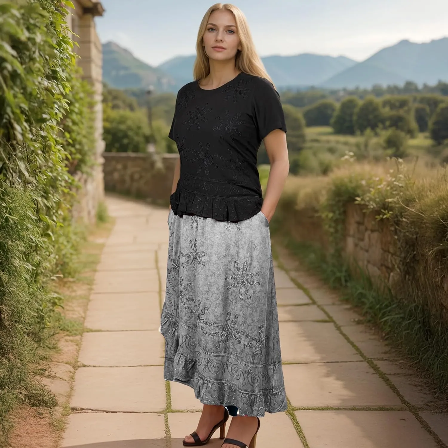 Agan Traders Women's 2025 Summer Western Boho Vintage Drawstring Embroidered Flared Ruffle High Waist Long Skirt