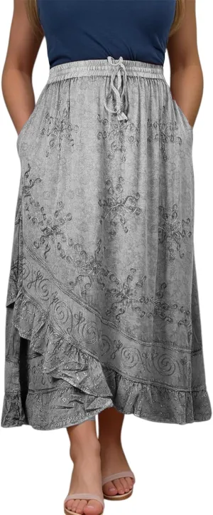 Agan Traders Women's 2025 Summer Western Boho Vintage Drawstring Embroidered Flared Ruffle High Waist Long Skirt