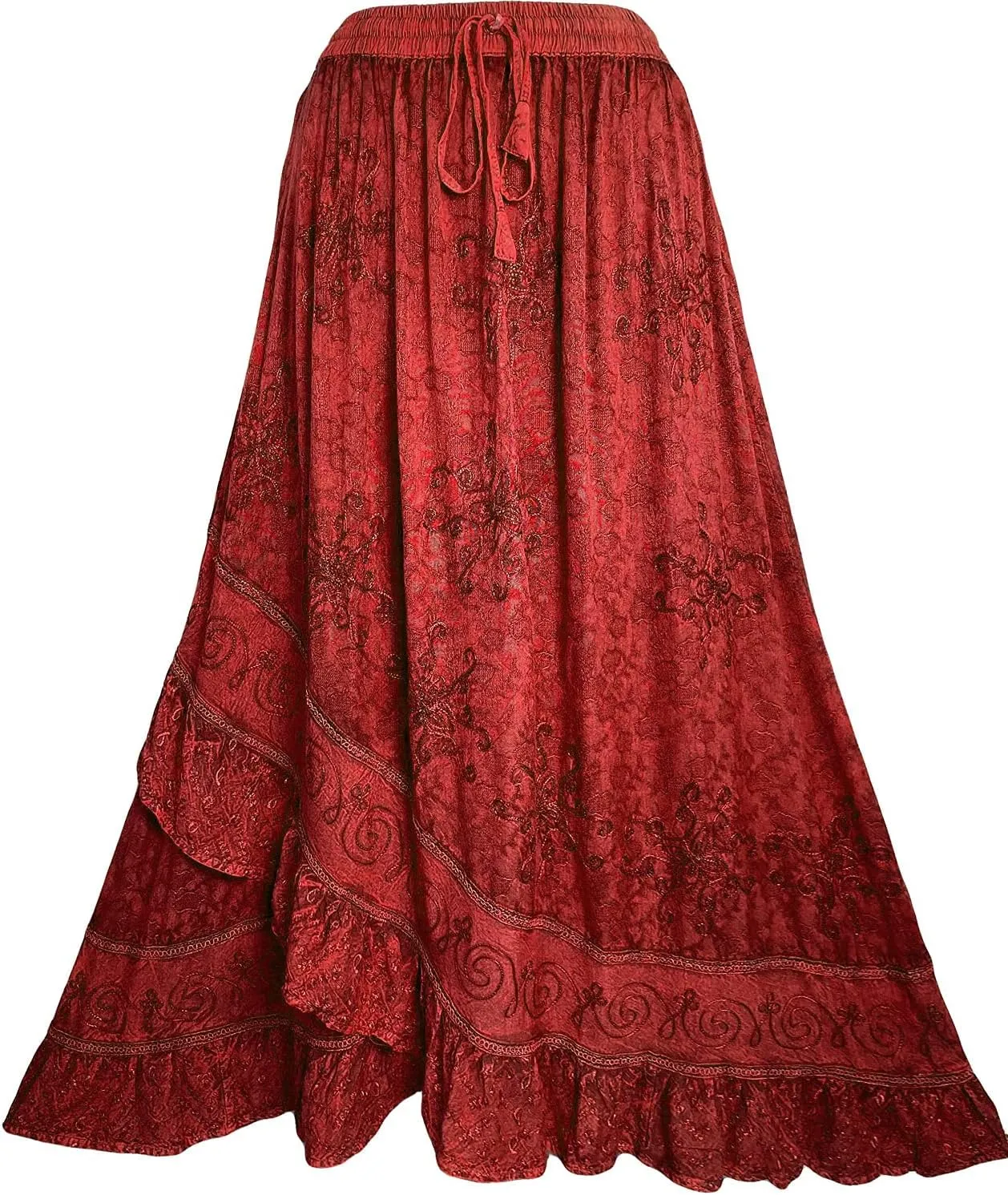 Agan Traders Women's 2025 Summer Western Boho Vintage Drawstring Embroidered Flared Ruffle High Waist Long Skirt