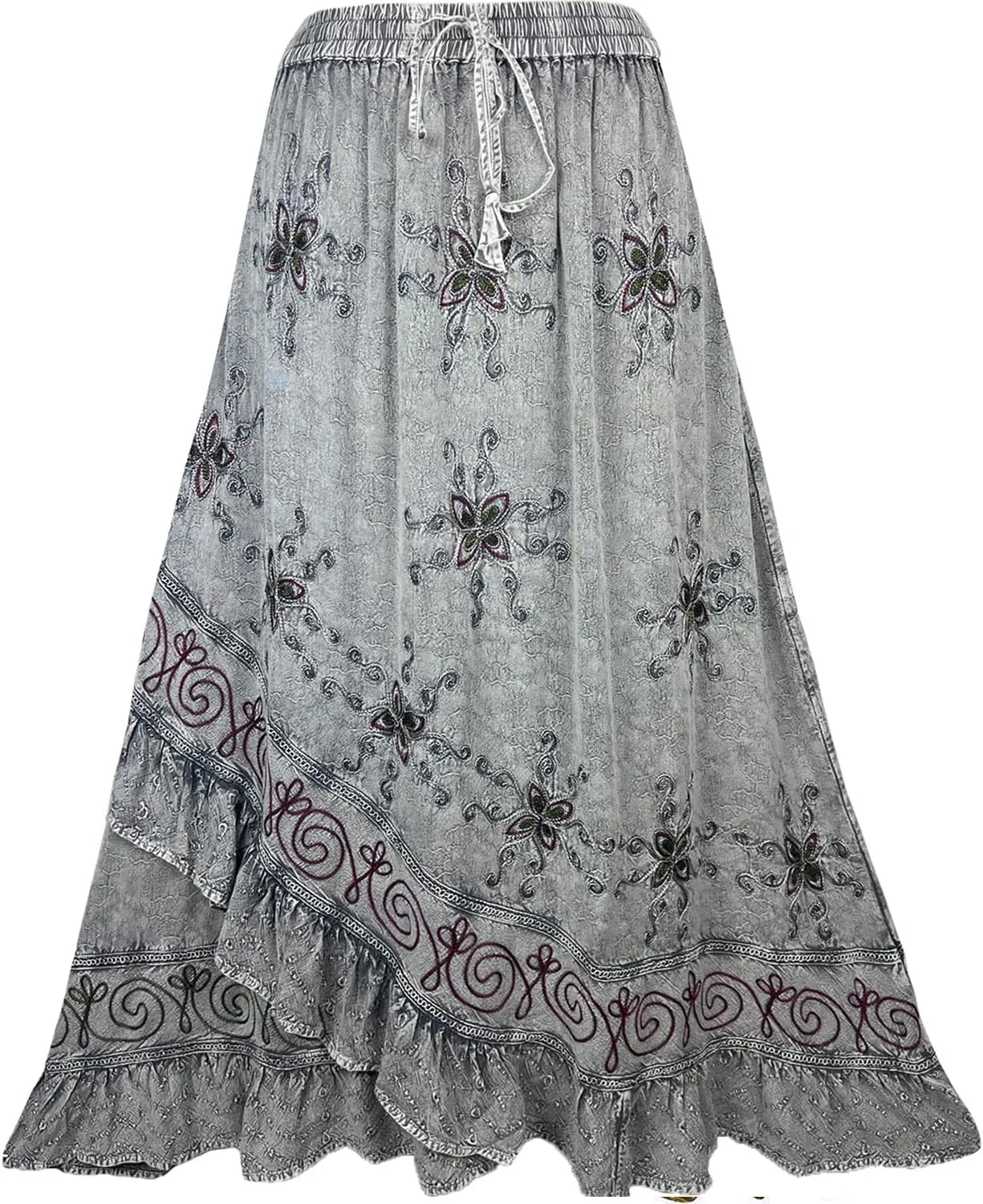 Agan Traders Women's 2025 Summer Western Boho Vintage Drawstring Embroidered Flared Ruffle High Waist Long Skirt